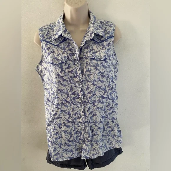 Wrangler beautiful horses pattern Sleeveless Blue and White Button-Down Shirt - Picture 2 of 8